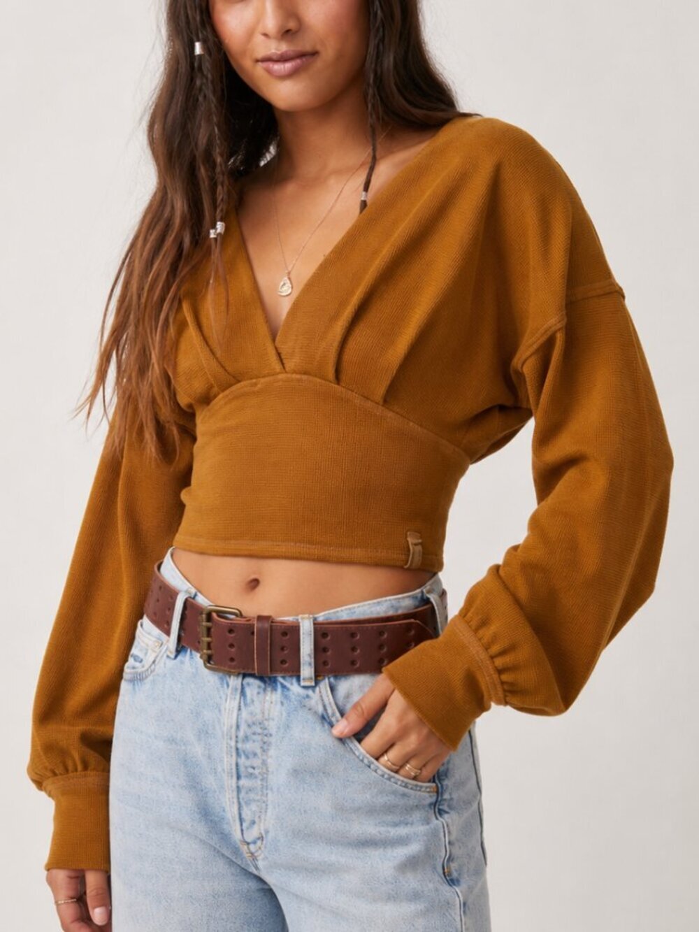Boho Waffle Knit Crop Top Free People We The Free Brown Thermal XS